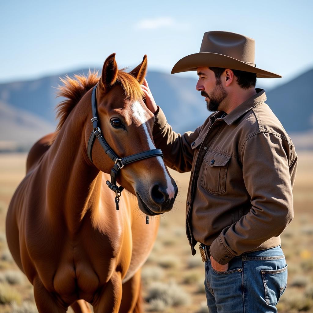 A rancher checking the health of a wild horse