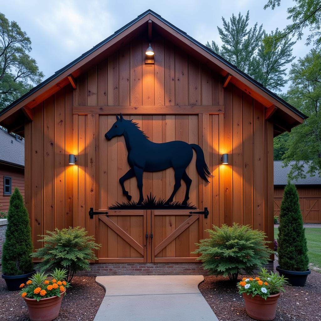 Metal Horse Wall Art Displayed on a Barn Wall