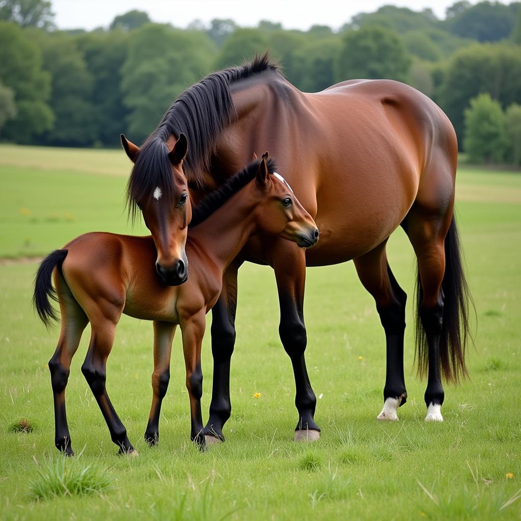 Moyle Horse mare and foal bonding in a pasture