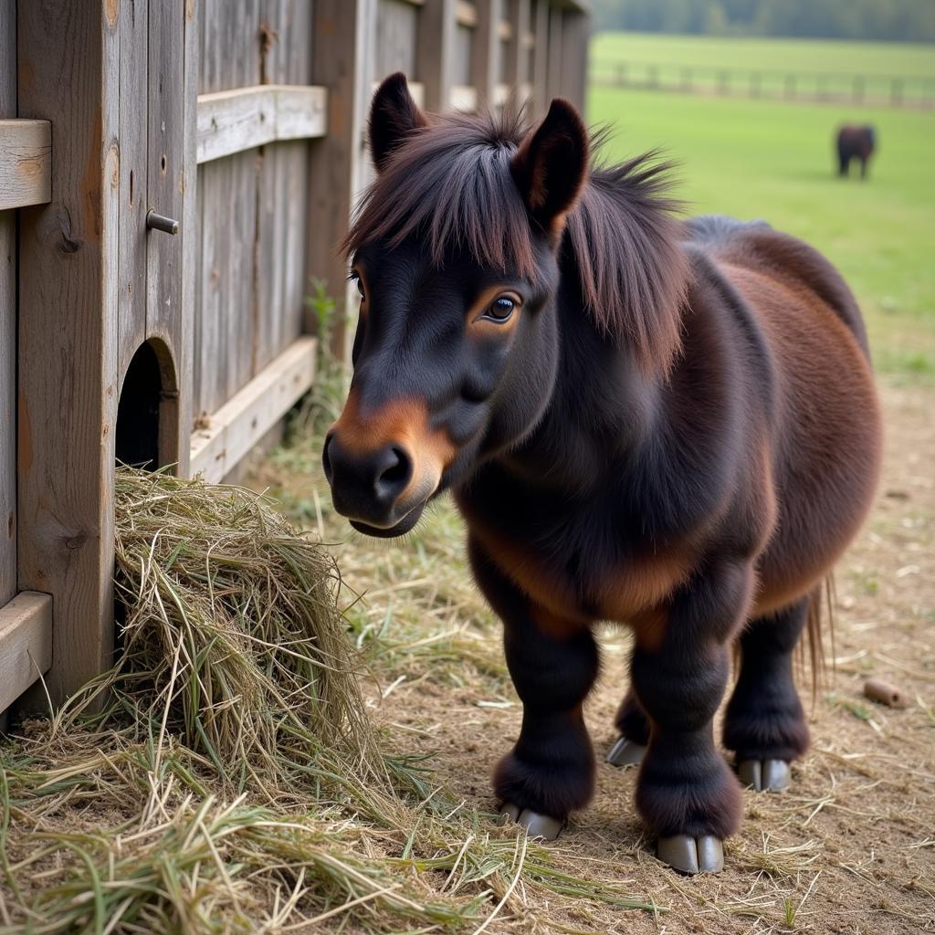 A muffin horse enjoying its hay