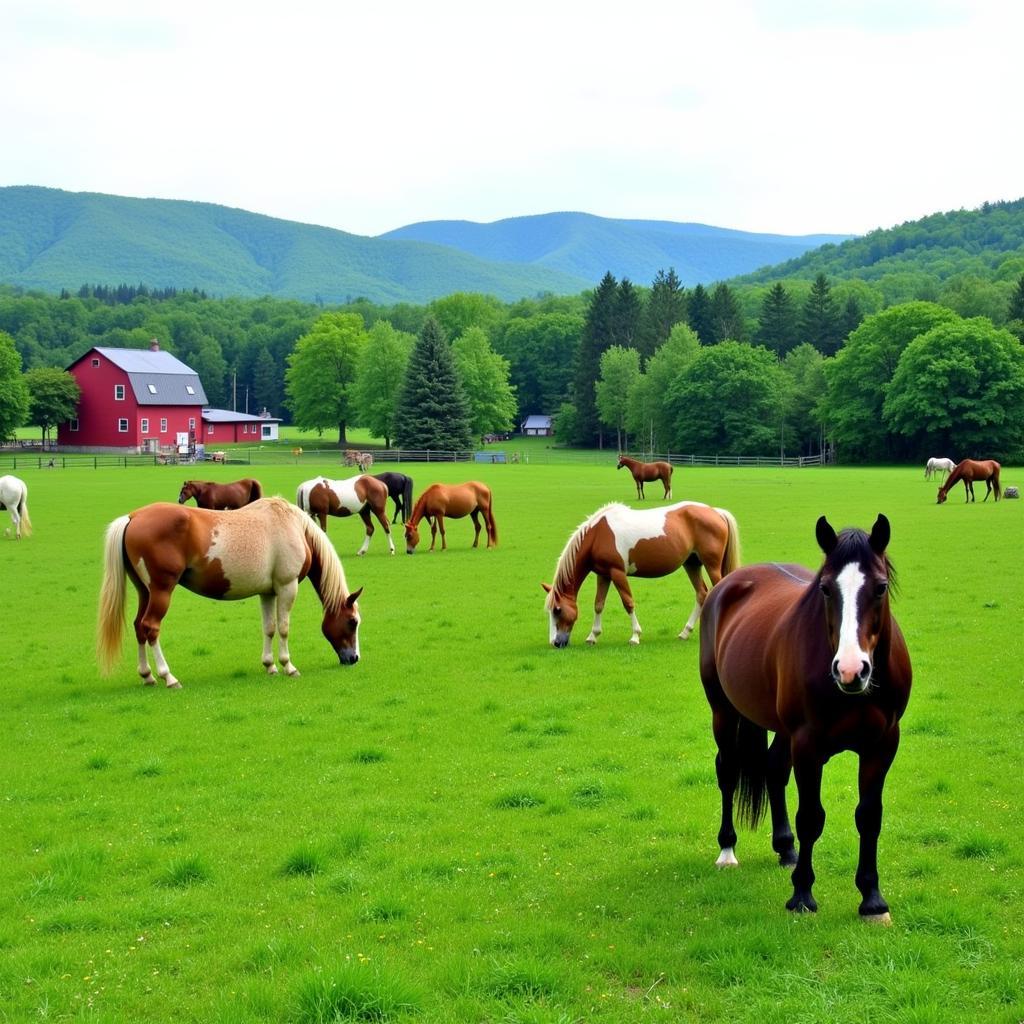 Horses grazing on a picturesque New Hampshire horse farm