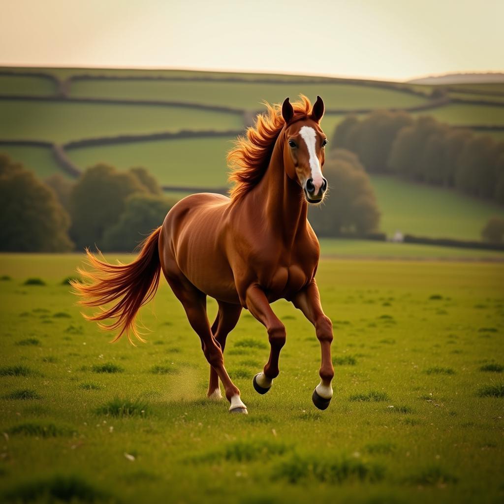 A majestic chestnut horse galloping freely across lush green fields in the Irish countryside, embodying the spirit of Paddy's Irish Whiskey Horse.