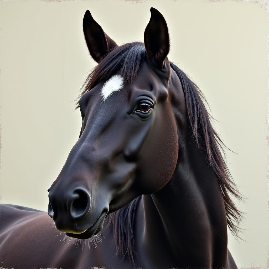 Close-up portrait style painting of a Percheron draft horse, capturing its expressive eyes and powerful musculature.