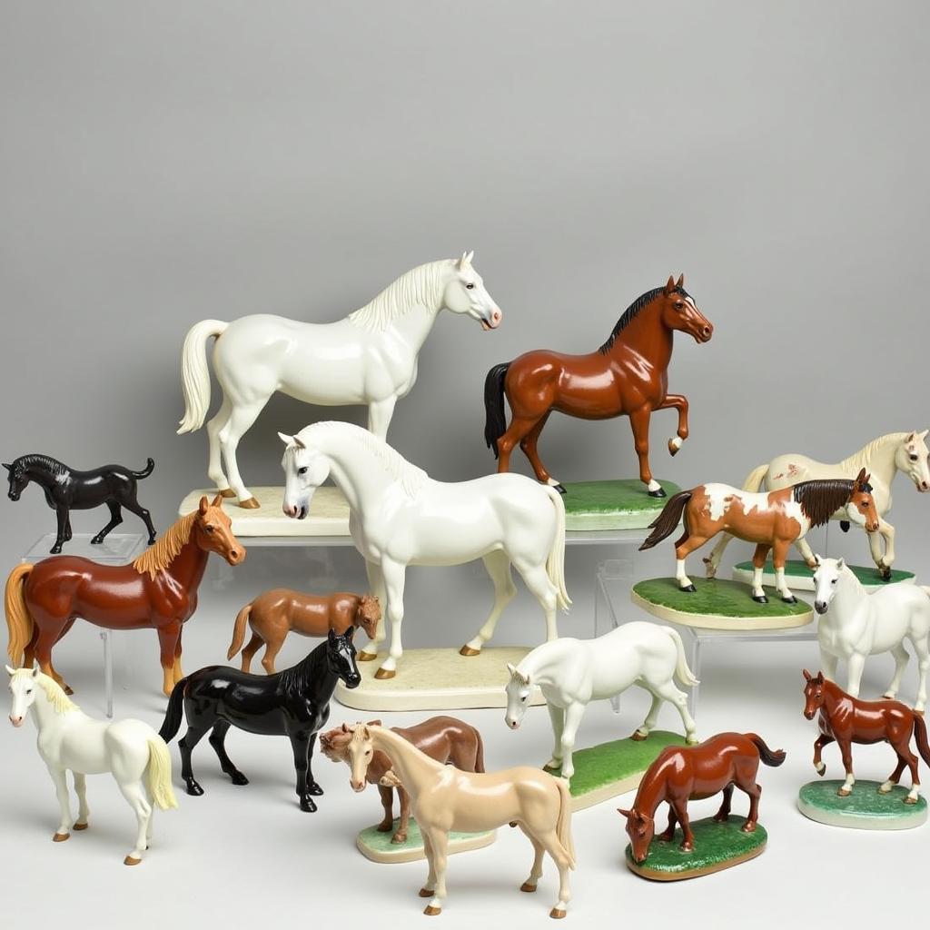 A collection of diverse porcelain horse figurines showcasing various breeds, poses, and artistic styles.