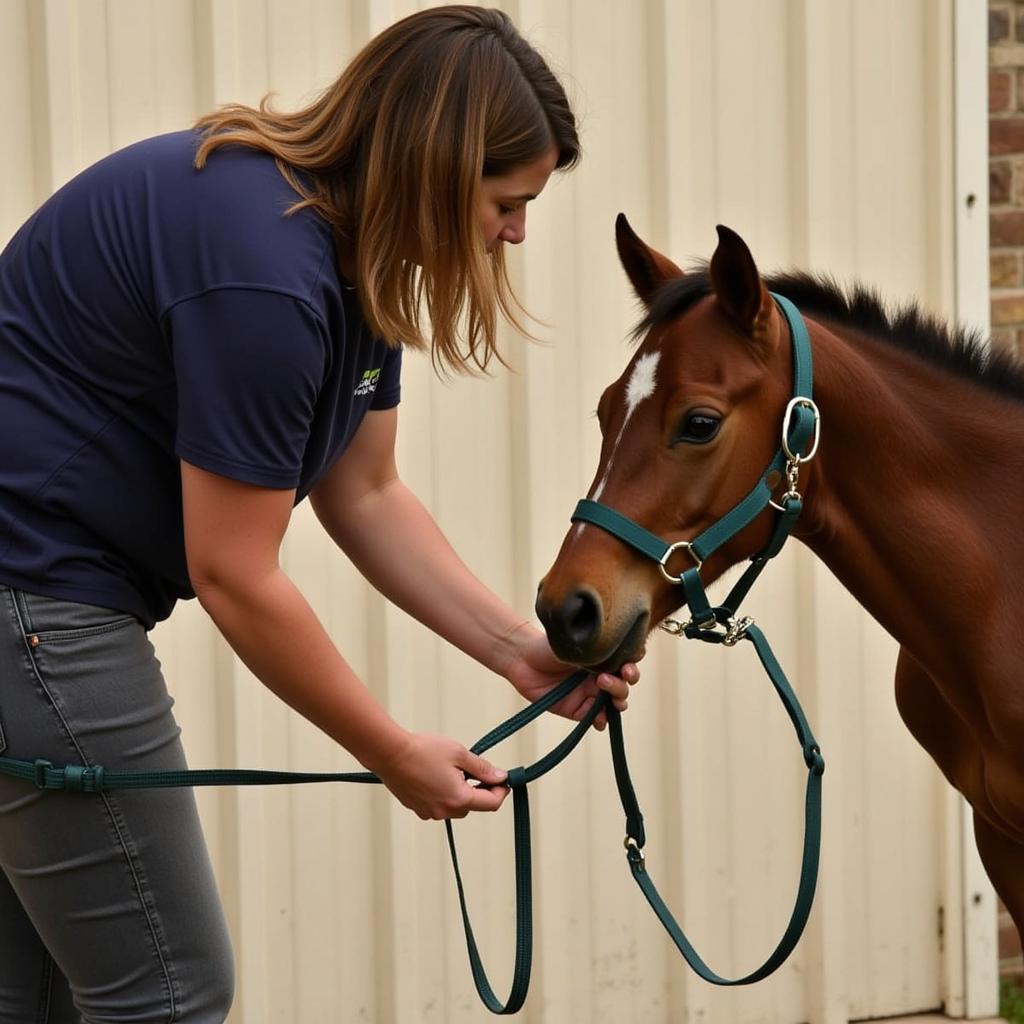 A quarter horse foal learning to wear a halter