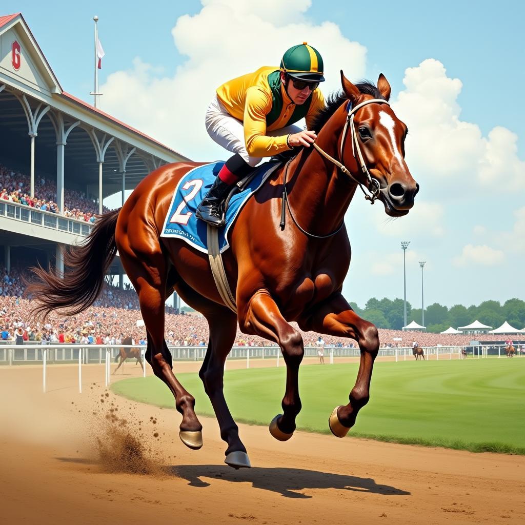 Race horse painting depicting a thoroughbred crossing the finish line