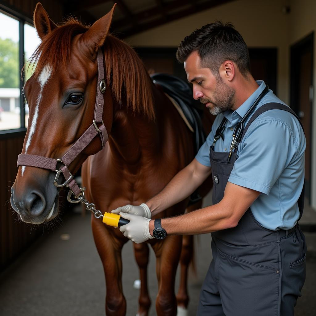 Veterinarian examining a race horse