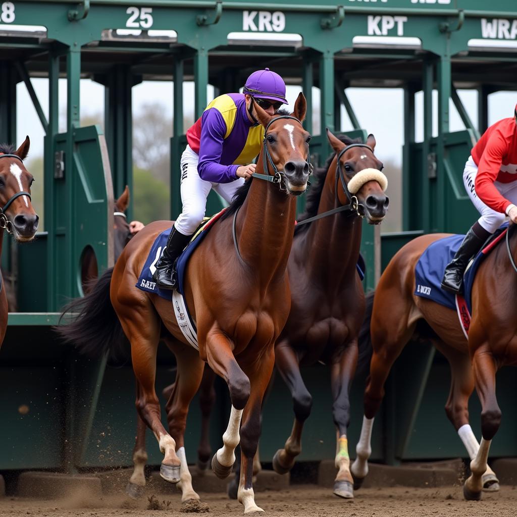 Racehorse poised at the starting gate, ready to run.