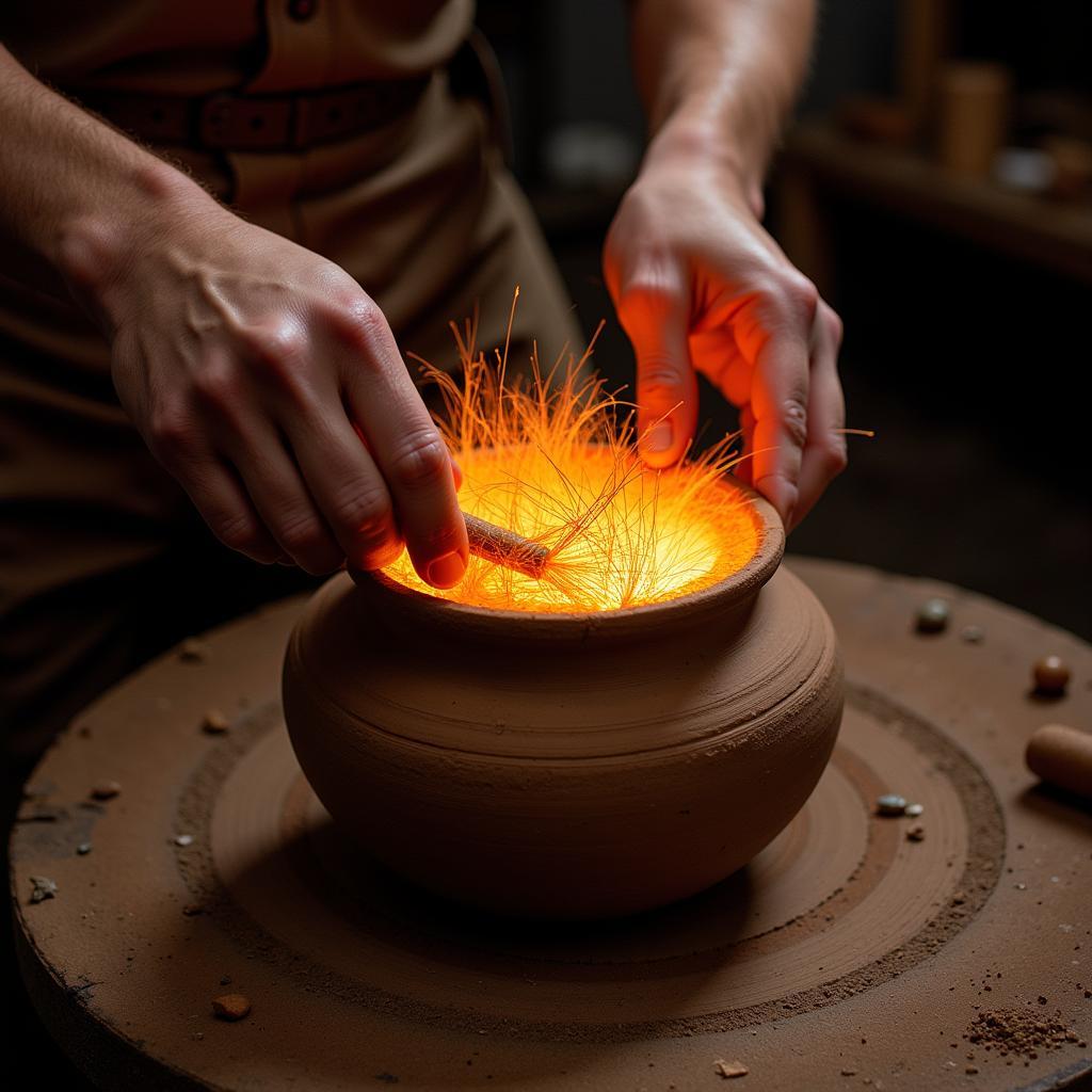 Applying Horse Hair to Hot Pottery in Raku Kiln