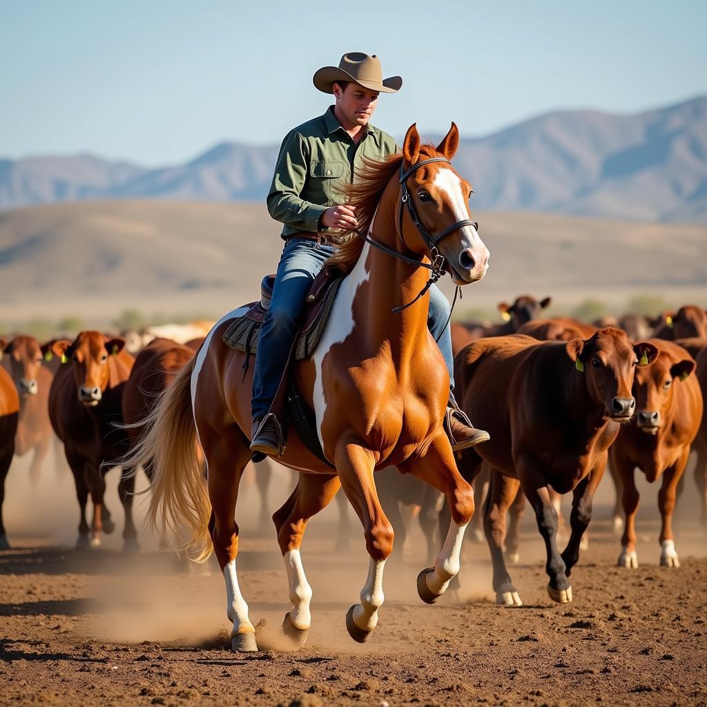 Red Roan Quarter Horse Working Cattle on a Ranch