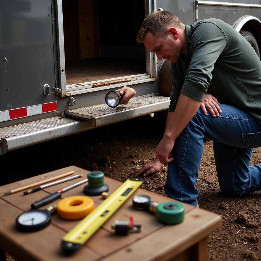 Inspecting a repo living quarter horse trailer for potential damage and necessary repairs.