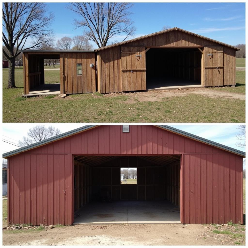 Repurposed Shed as Horse Barn: This image shows an old shed converted into a cozy horse barn.