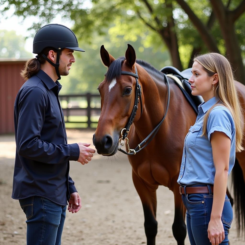 Rider responsibly inquiring about horse weight limits with a stable owner.