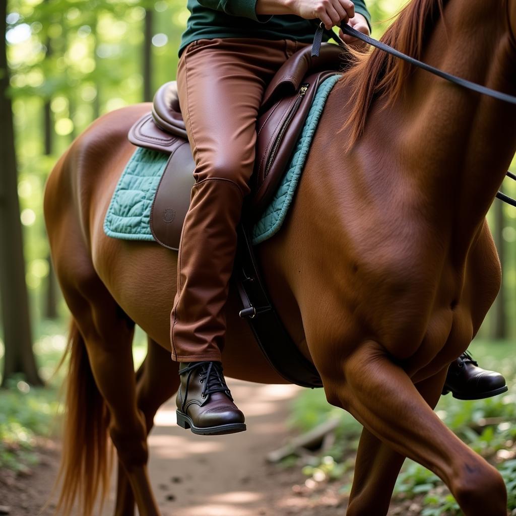 Rider wearing full chaps during a trail ride