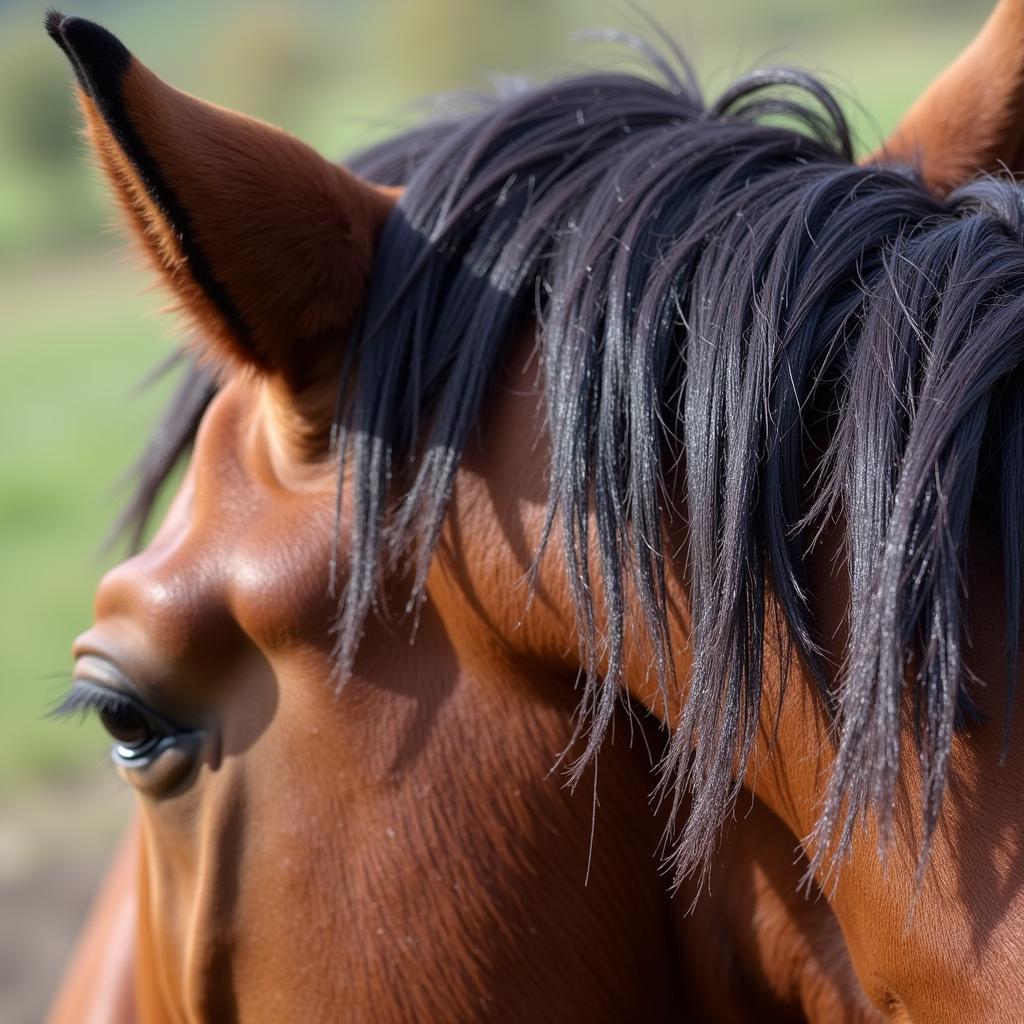 Close-up of a perfectly roached horse mane, showcasing the even trim and healthy hair.