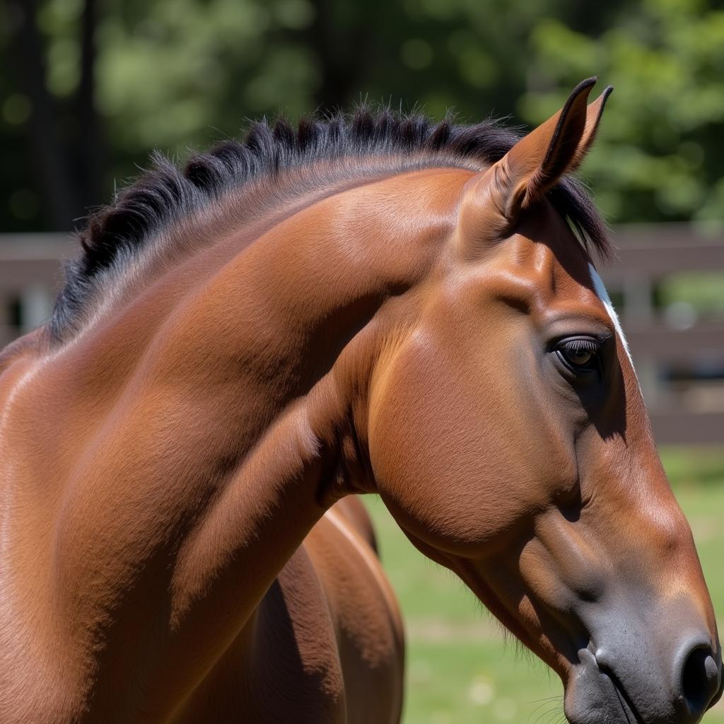 Close-up of a perfectly roached horse mane, showcasing the even clipping and short length.