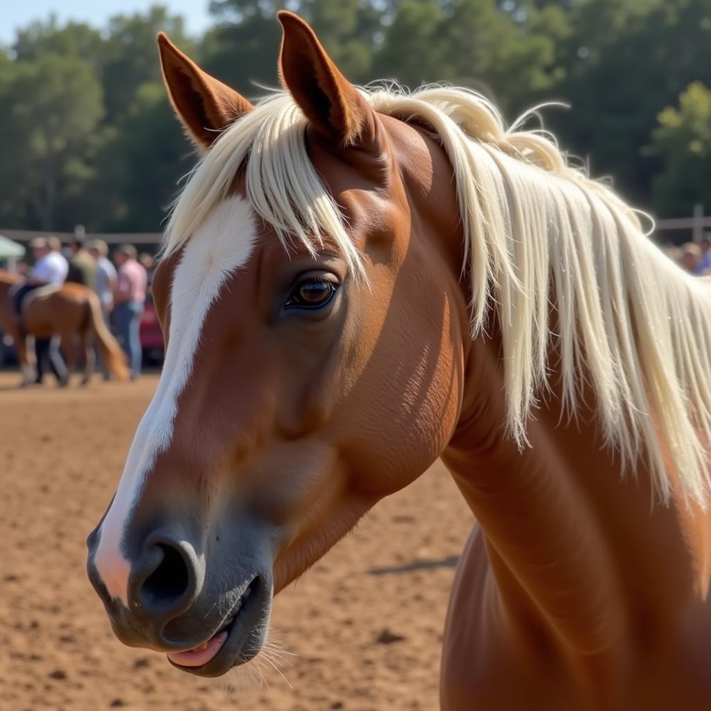 A horse with a roached mane competing in a horse show.