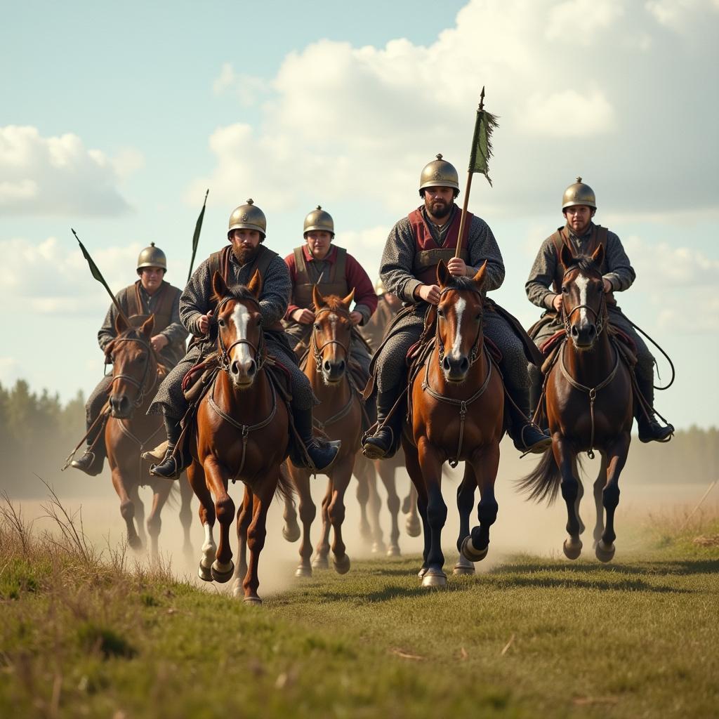 A depiction of Cossack warriors riding Russian Don horses, highlighting their historical significance.