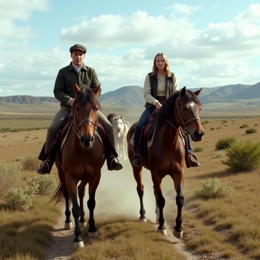 Scene from a Russian film depicting a horse and rider in a natural setting.