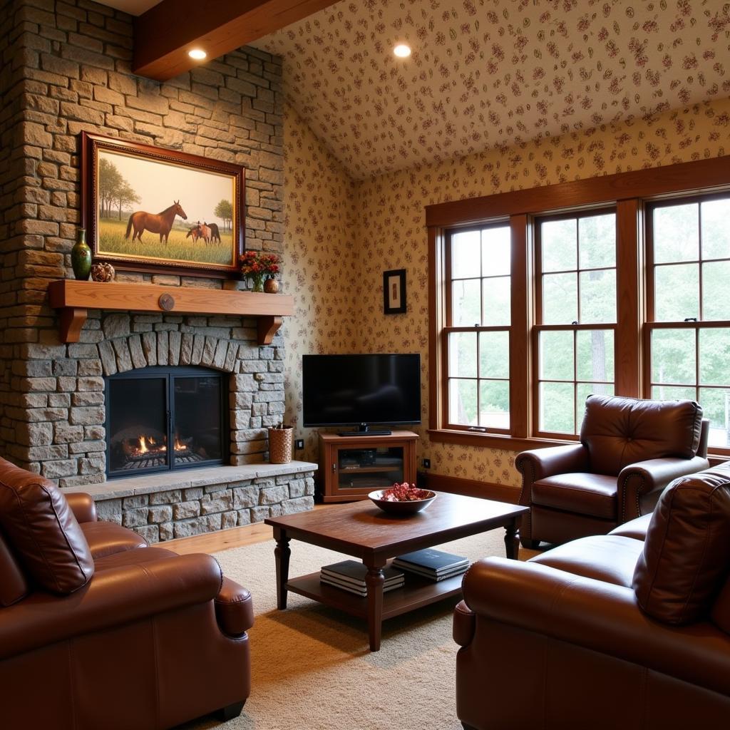 Rustic horse shoe wallpaper in a living room setting, showcasing a warm and inviting atmosphere.