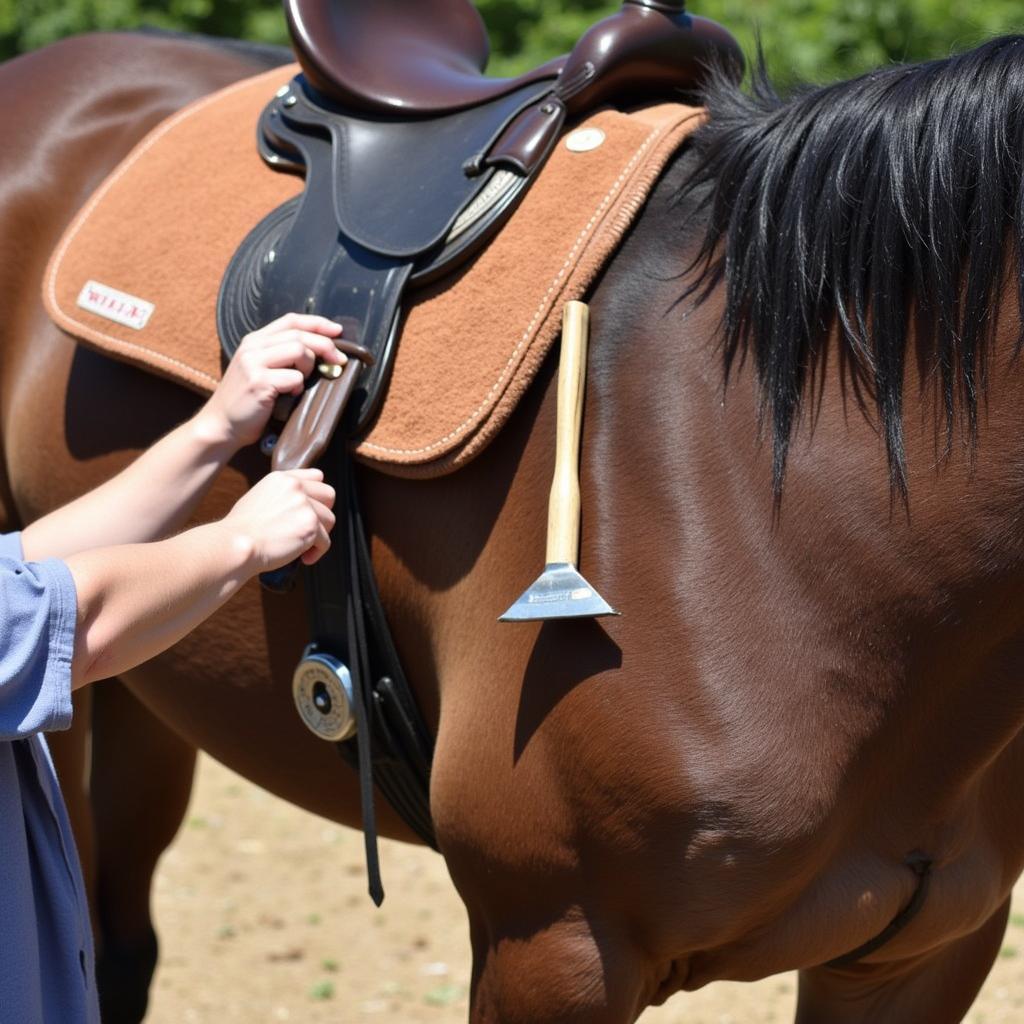 Grooming a saddleseat horse, showcasing the meticulous care required to maintain its coat and overall appearance.