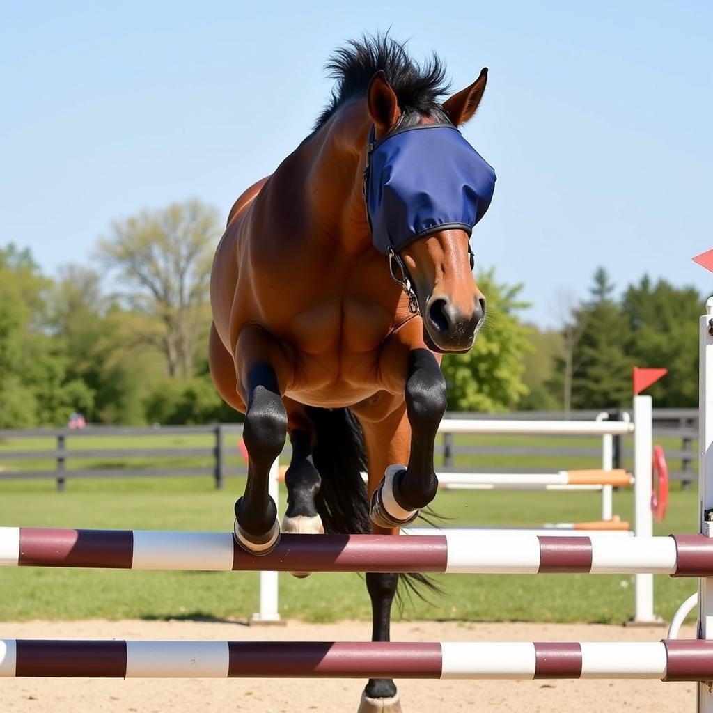 Horse jumping with a shadow roll