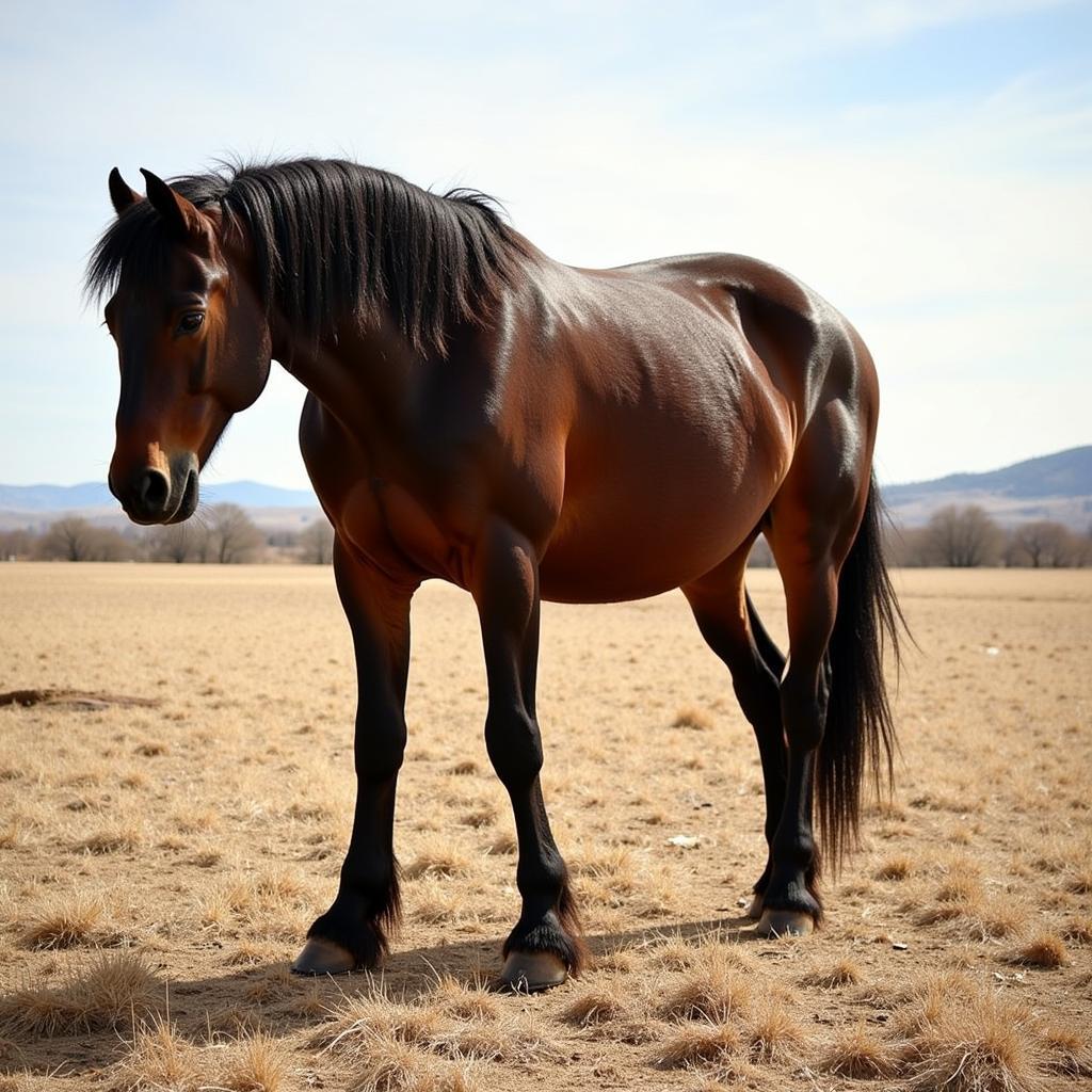 An abandoned horse, thin and with overgrown hooves, stands in a barren field, awaiting rescue by Shepherd Mountain Horse Rescue.