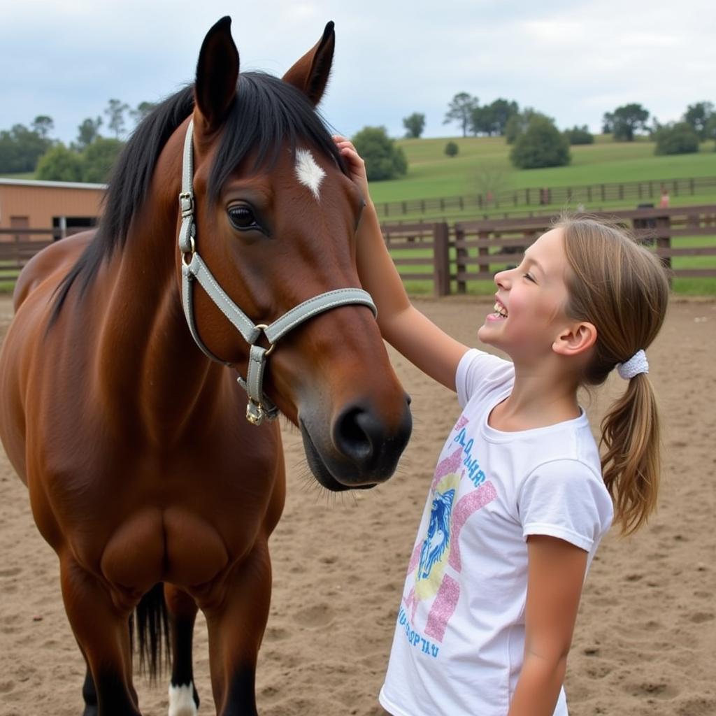 A young girl grooms her newly adopted horse at Shepherd Mountain Horse Rescue. Both horse and girl are smiling.