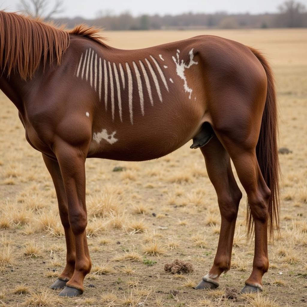 Skinny horse exhibiting prominent ribs and spine