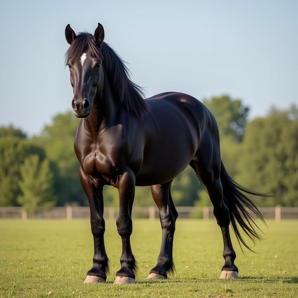 Smoky black horse with a glossy coat standing in a sunlit field