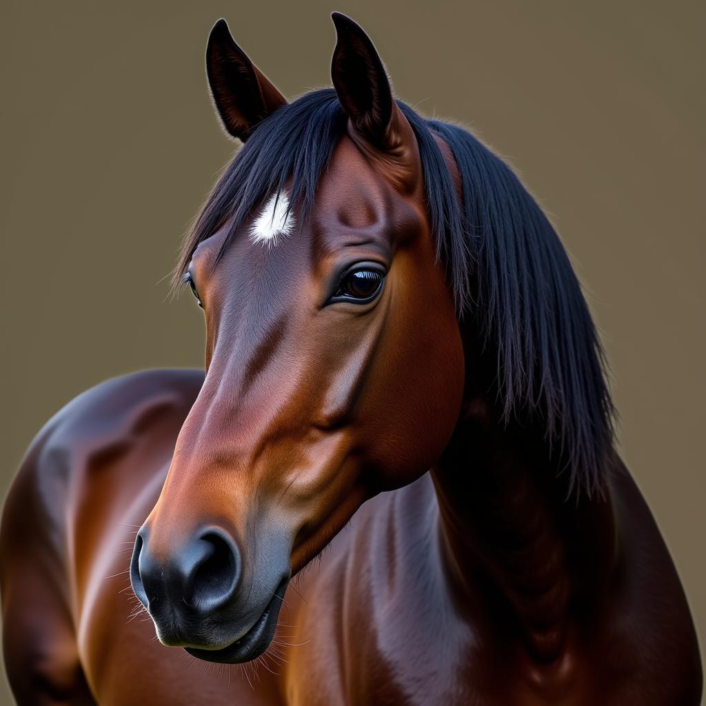 Spanish Norman Horse Physical Characteristics - A close-up of a Spanish Norman horse's head, showcasing its expressive eyes, slightly convex profile, and well-defined muscular neck.