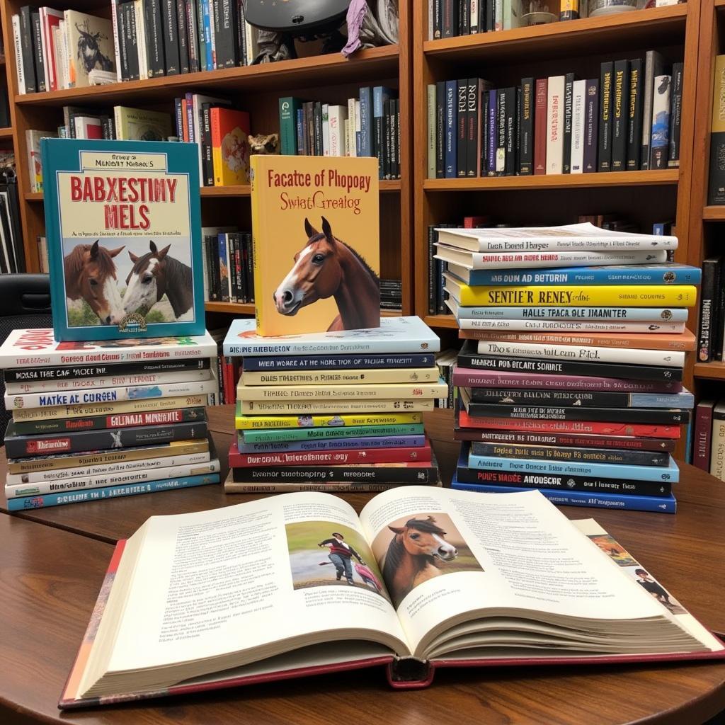 Various horse books stacked neatly on shelves and a wooden table, showcasing a diverse collection.