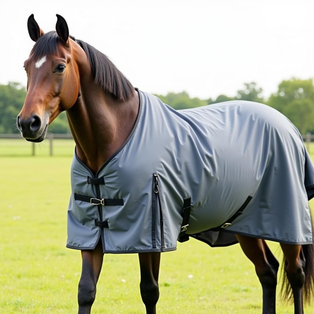 Sweet Itch Horse Fly Sheet: A horse wearing a fly sheet designed to protect it from midge bites, a key preventative measure against sweet itch.