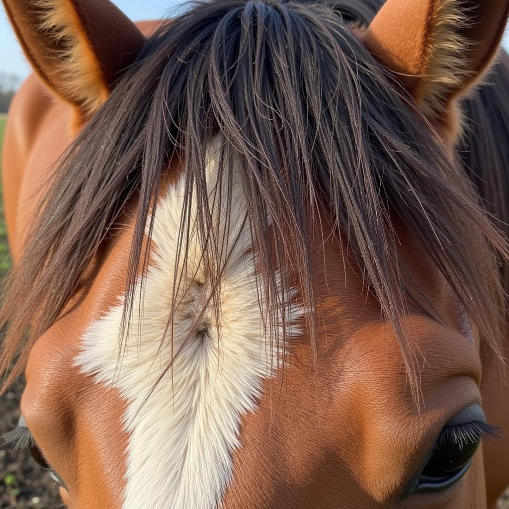 Sweet Itch Horse Mane Damage: Close-up of a horse's mane showing hair loss, scabbing, and inflammation due to sweet itch.