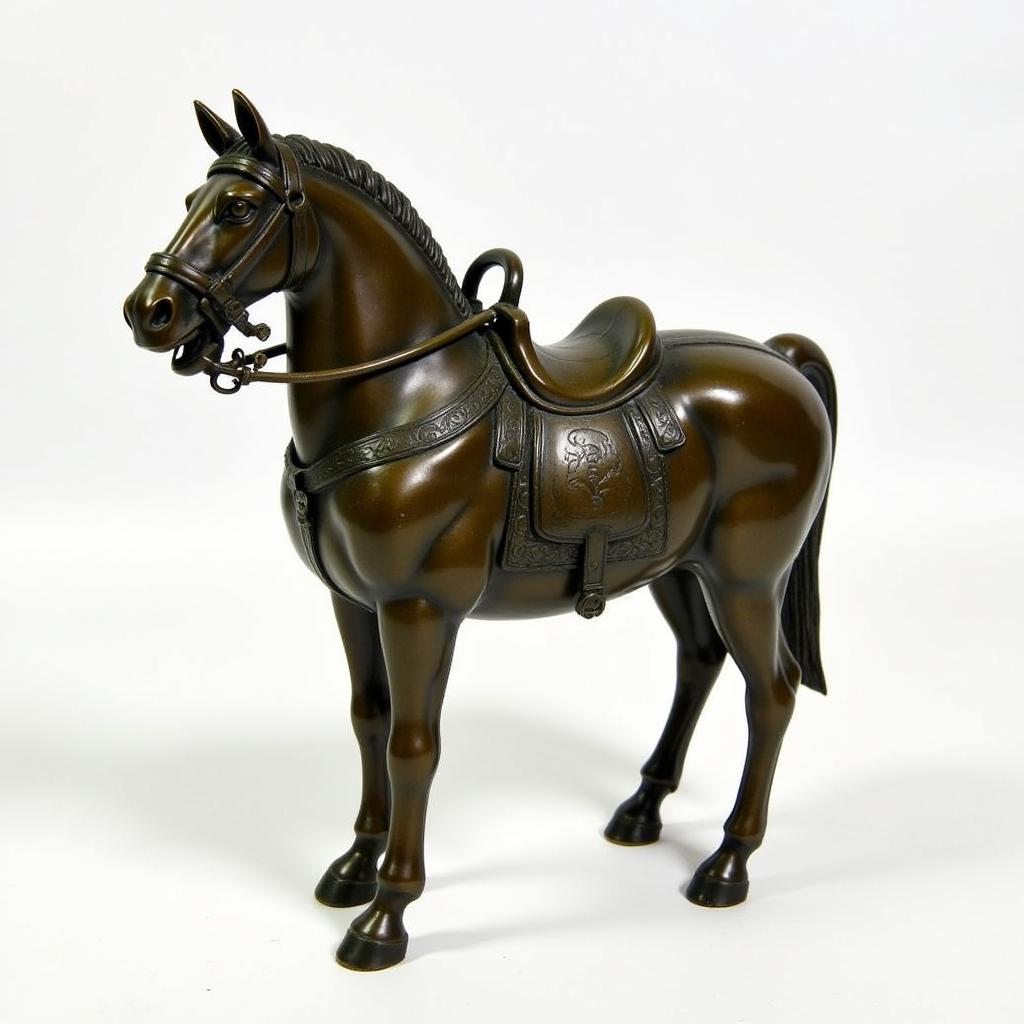 A close-up view of a bronze Tang dynasty horse figurine showcasing its detailed craftsmanship and powerful stance.