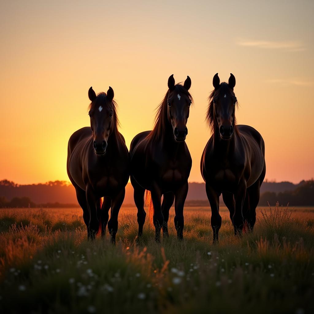 Three Dark Horses in a Field