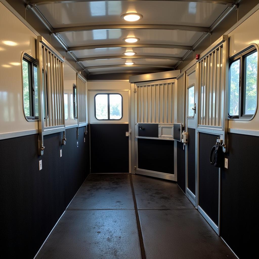 Interior view of the horse area in a toy hauler, showcasing the spacious stalls, rubber mats, and ventilation.