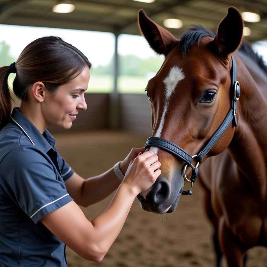 Trainer Fitting a Bit on a Young Horse