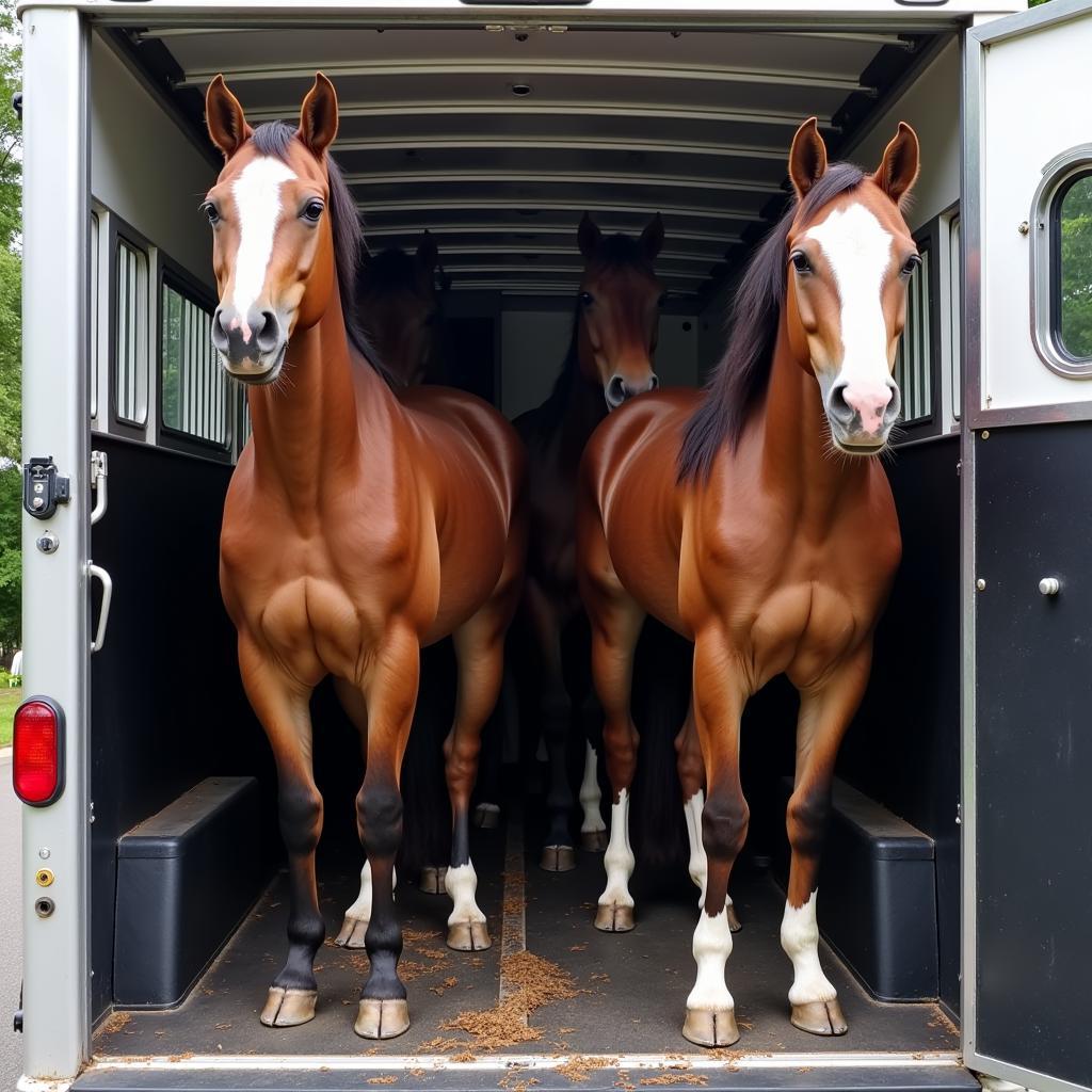 Horses being safely transported in a trailer from a wholesale supplier.