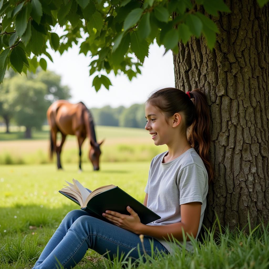 A tween girl reading a horse book outdoors.