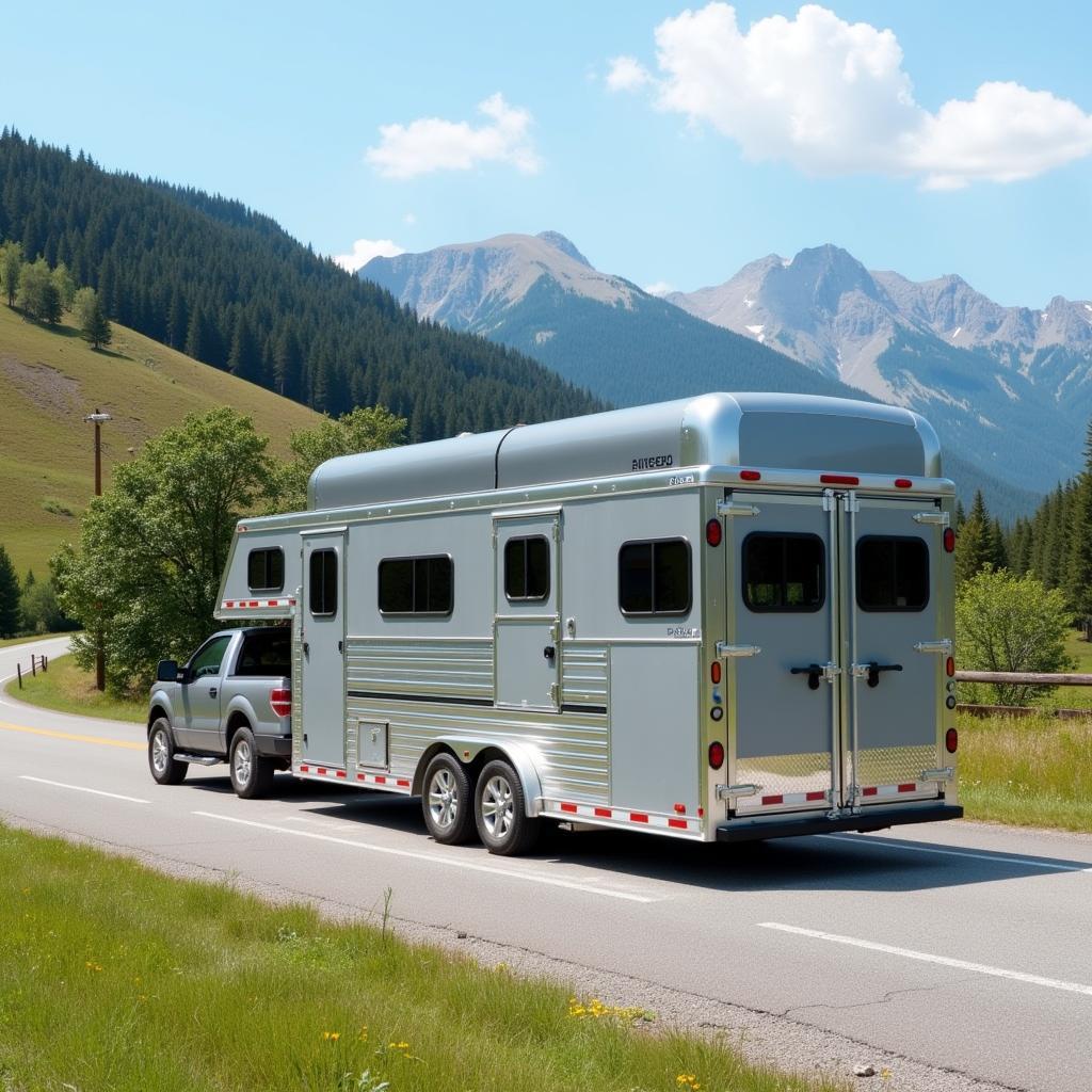 Two Horse Living Quarters Trailer Traveling Down a Scenic Highway