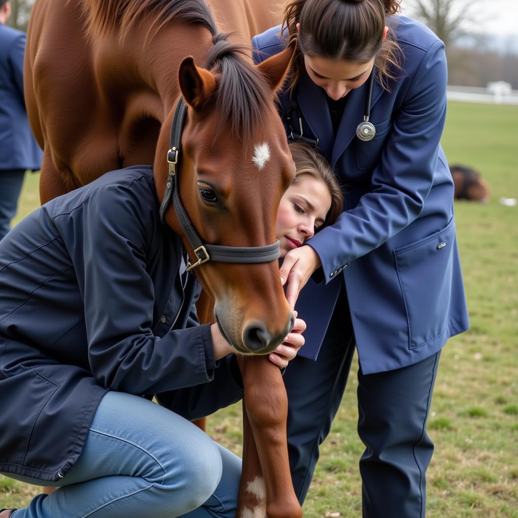 Veterinarian examining a horse's leg for injury