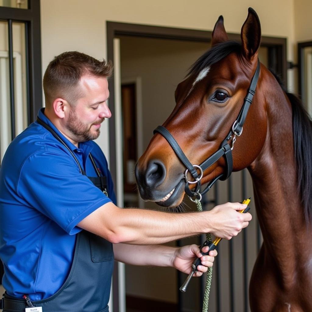 A veterinarian examining a horse's teeth and overall health in a stable setting.