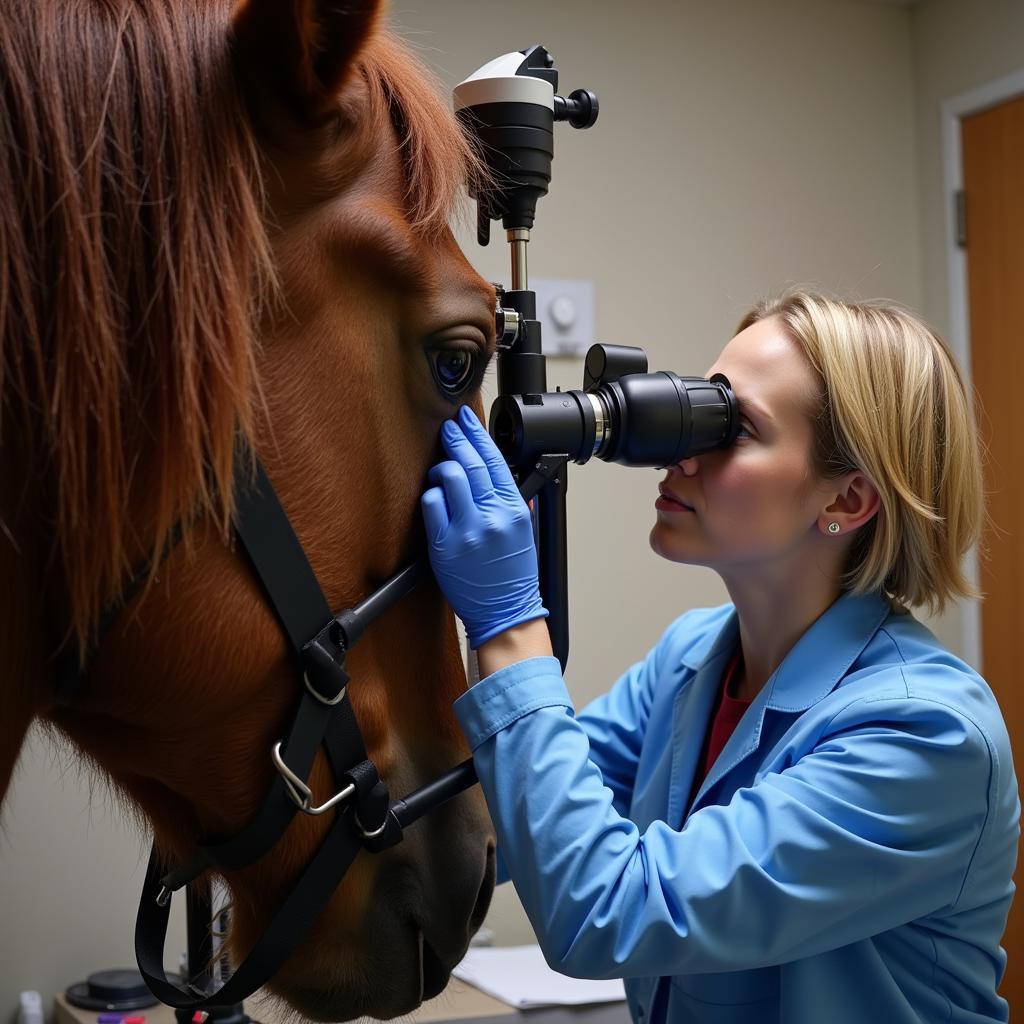 A veterinarian carefully examines a horse's eye for signs of trauma.