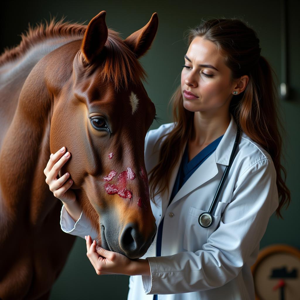 A veterinarian gently examines a horse with visible injuries, her expression showing concern and compassion.