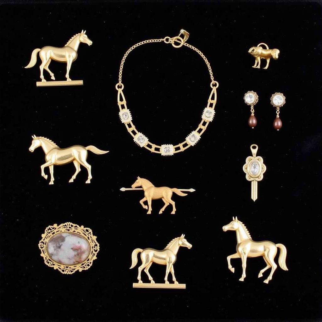 Collection of Vintage Horse Jewelry Displayed on Velvet