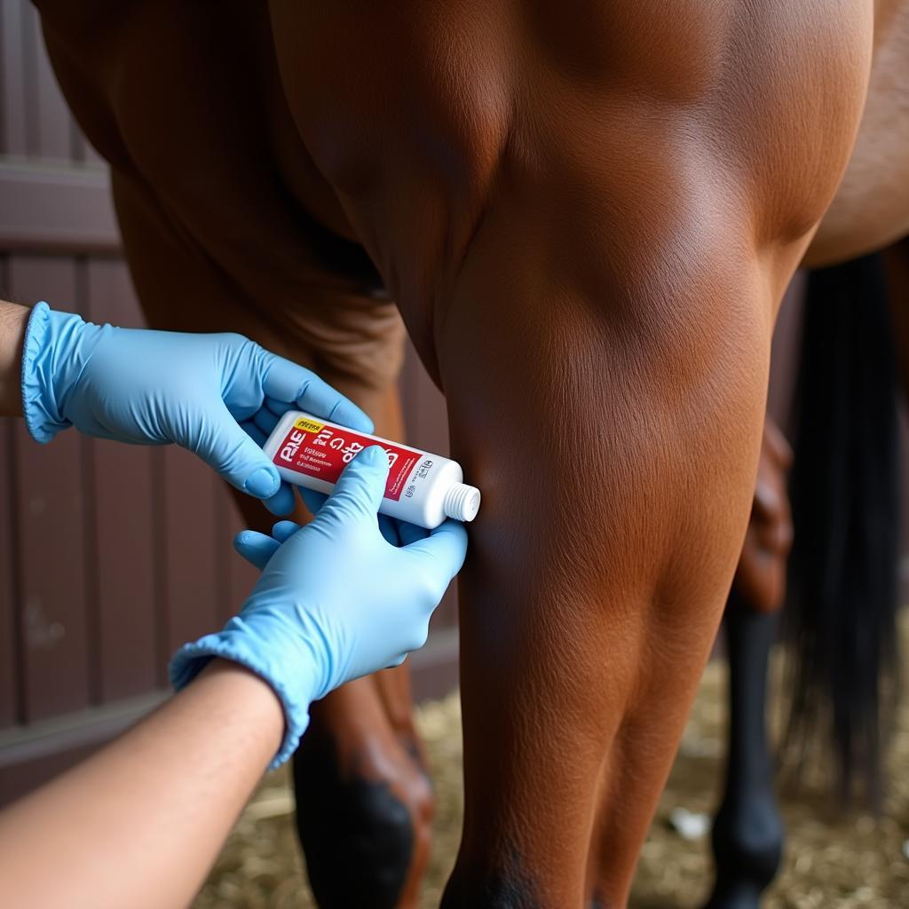 Voltaren gel being applied to a horse's leg