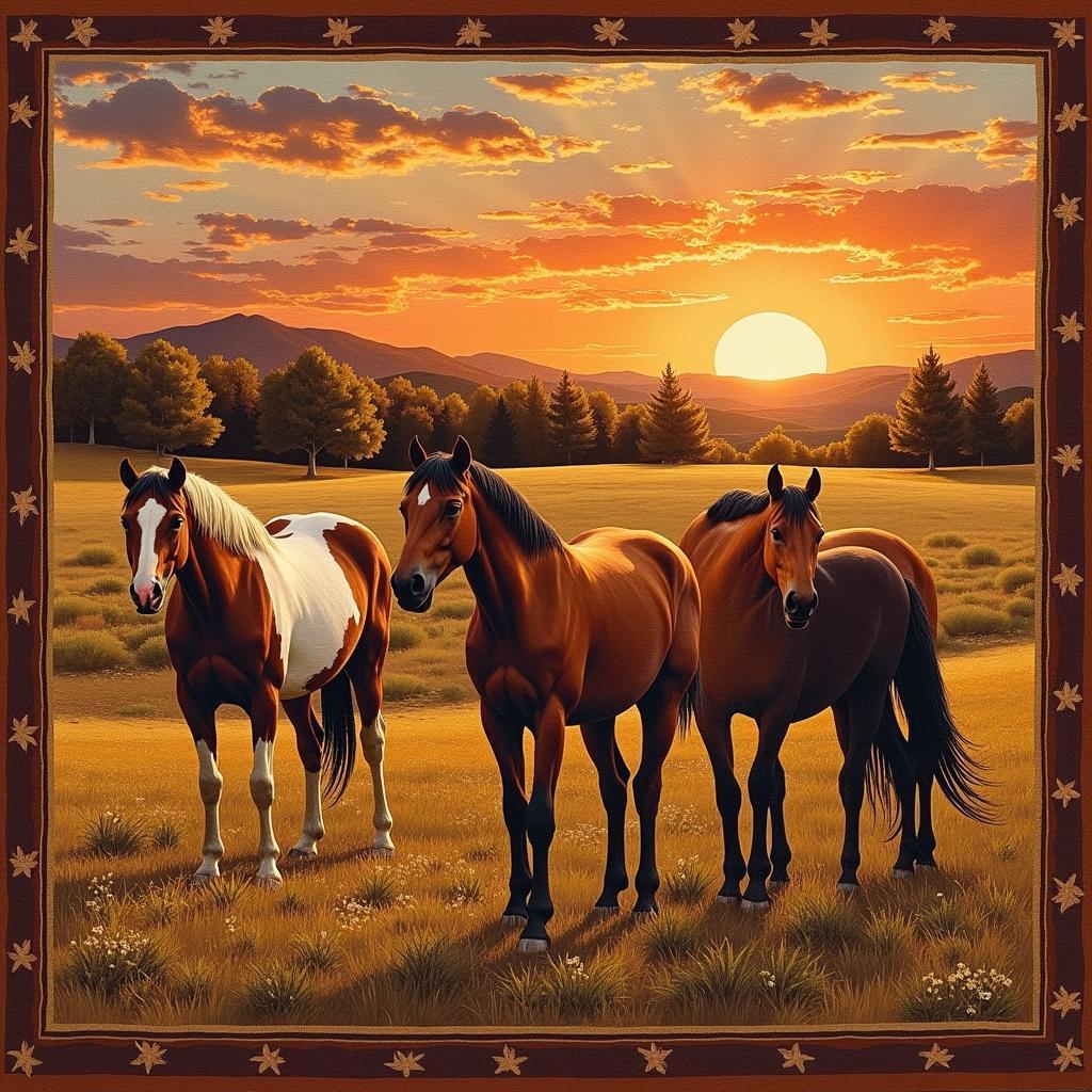 Western Rug with Horses Grazing at Sunset