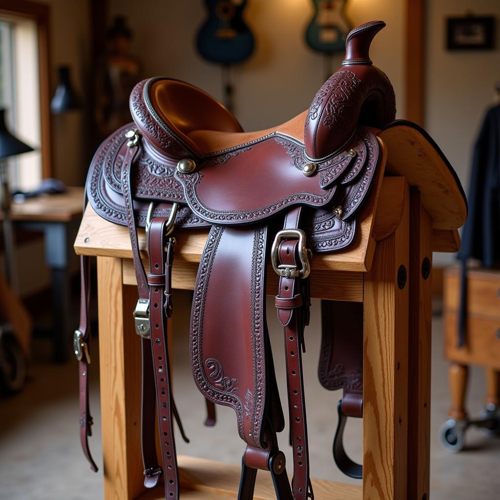 Western saddle and bridle set displayed on a wooden stand