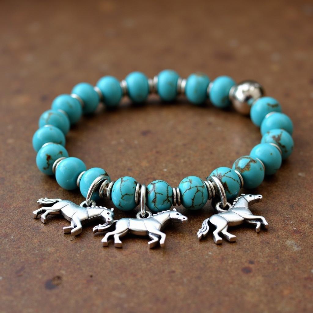 Turquoise and silver bracelet featuring wild horse charms